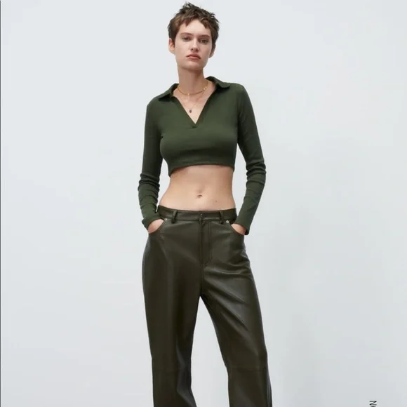 Zara khaki crop top knit polo collar - Picture 3 of 3